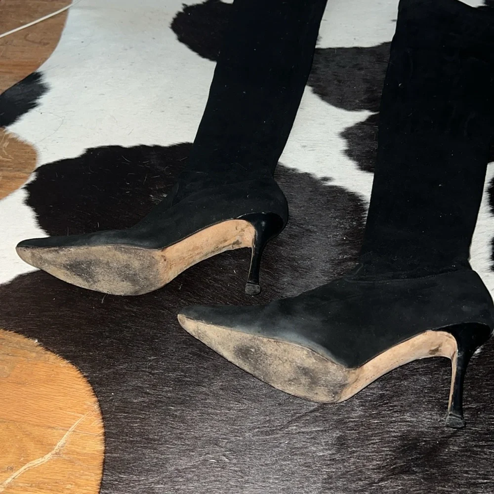 Manolo Blahnik Black Suede Thigh High Over-the-knee Pointed Heeled Boots, 37.5